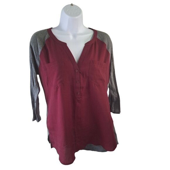 Express Henley Shirt Womens Medium Burgundy Gray - Picture 1 of 7